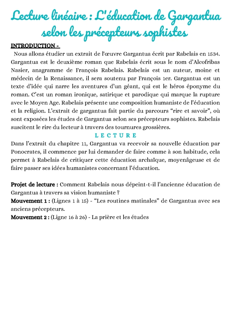 Analyse linéaire Gargantua chapitre 23: L'éducation de Gargantua par Ponocrates