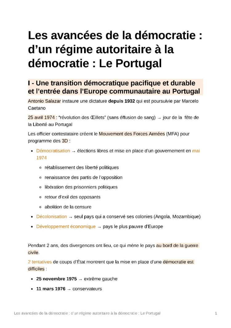 Les avancées de la démocratie : d’un régime autoritaire à la démocratie : Le Portugal