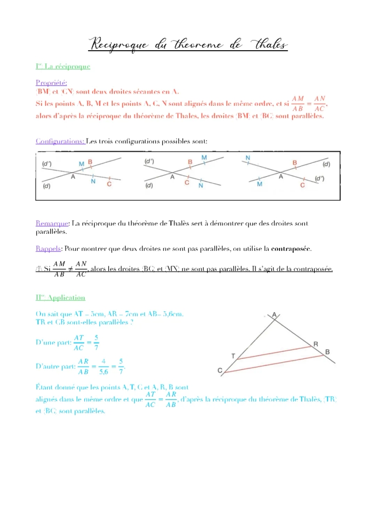 Théorème de Thalès et sa réciproque : Exercices pdf, Formules et Démonstrations