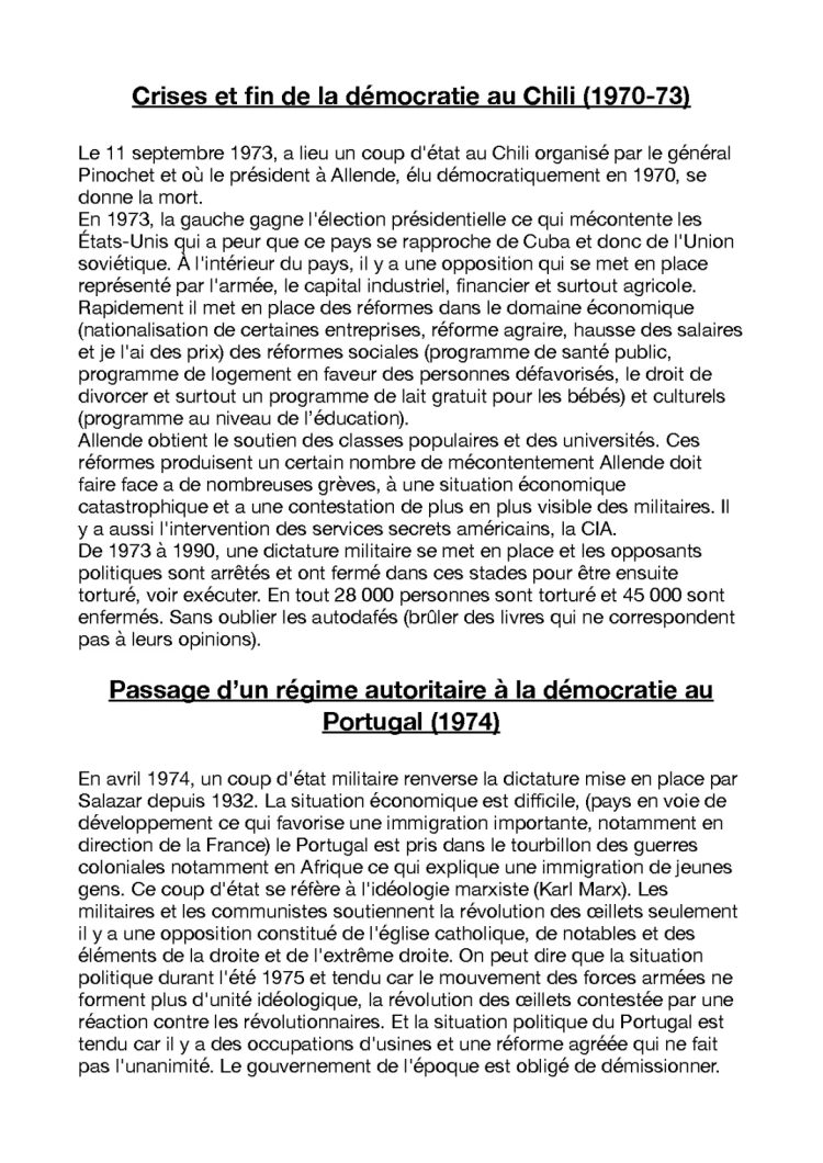 Le Chili de 1970 à 1973: Crise et Démocratie, Portugal et Espagne 1974-1982