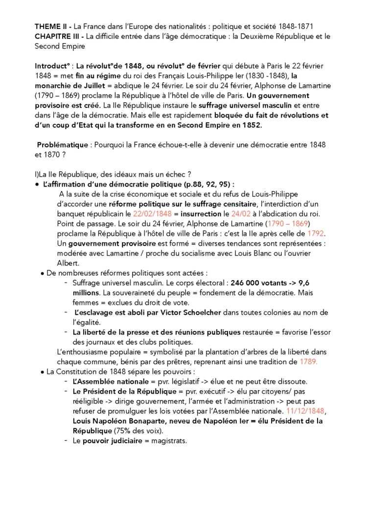 Fiche de Révision : La Deuxième République et le Second Empire - Transformations et Dates Clés