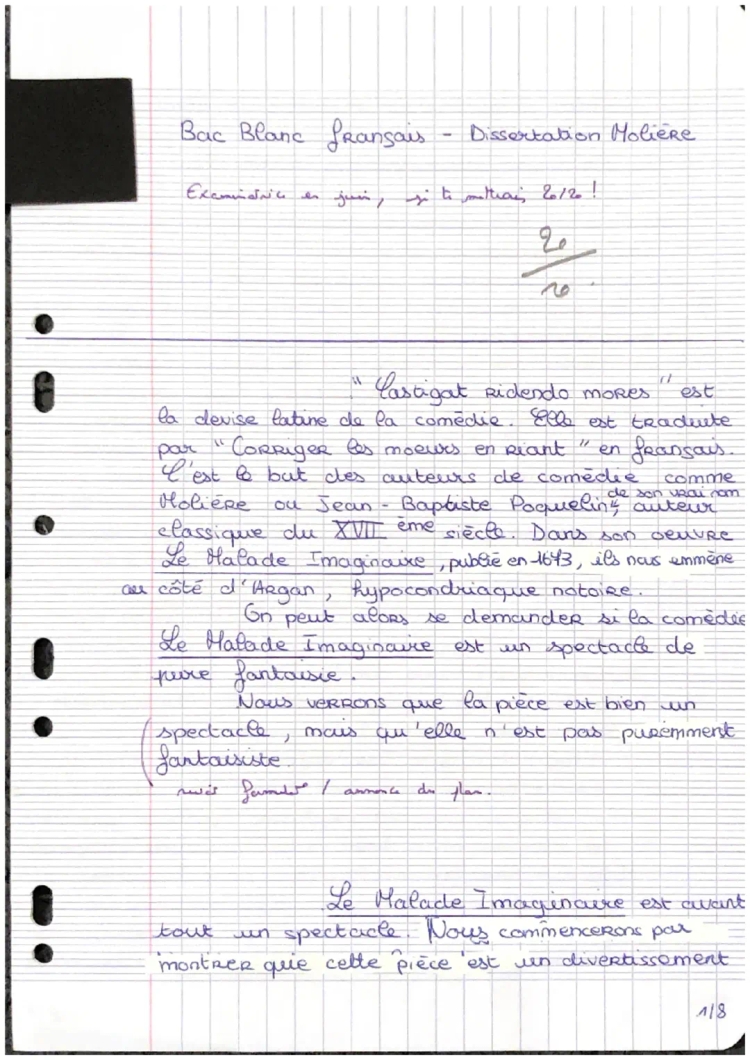 Le Malade imaginaire: Dissert' type bac avec comique, analyse et résumé