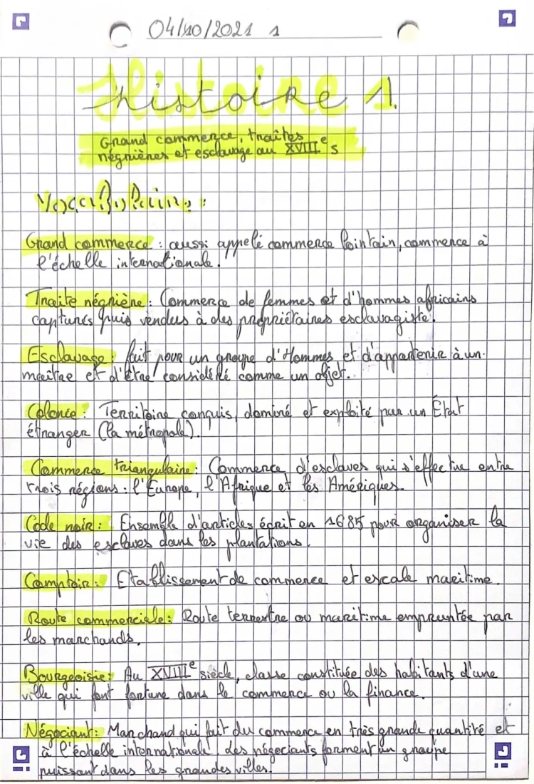 Évaluation 4ème : Grand Commerce et Traite Négrière au XVIIIe Siècle