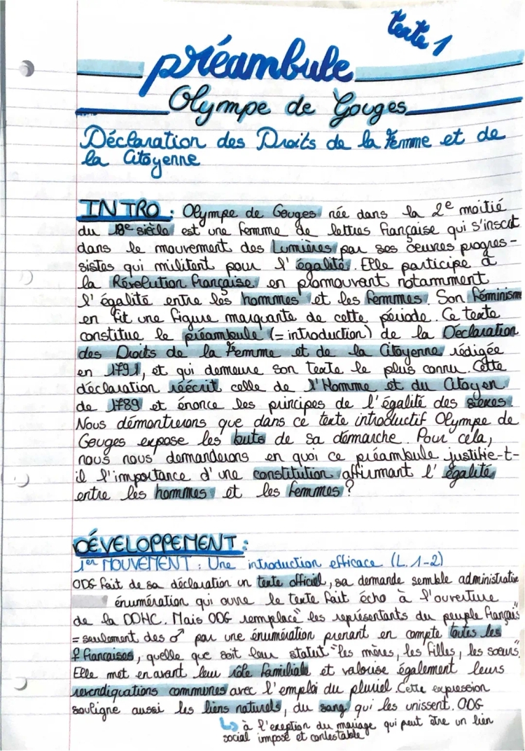 Analyse linéaire Préambule Olympe de Gouges et DDFC: Pourquoi choisir Olympe au bac ?