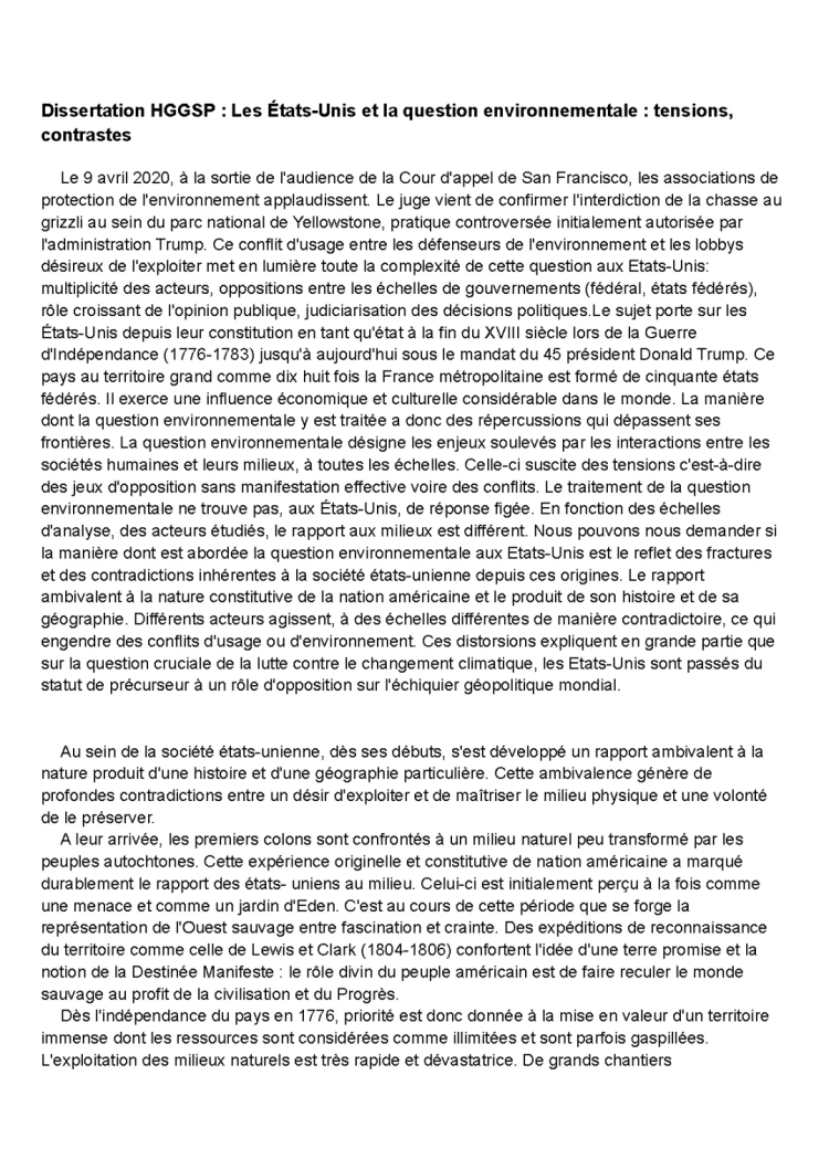 Sujet Dissertation Environnement HGGSP Corrigé - Les États-Unis et la Question Environnementale