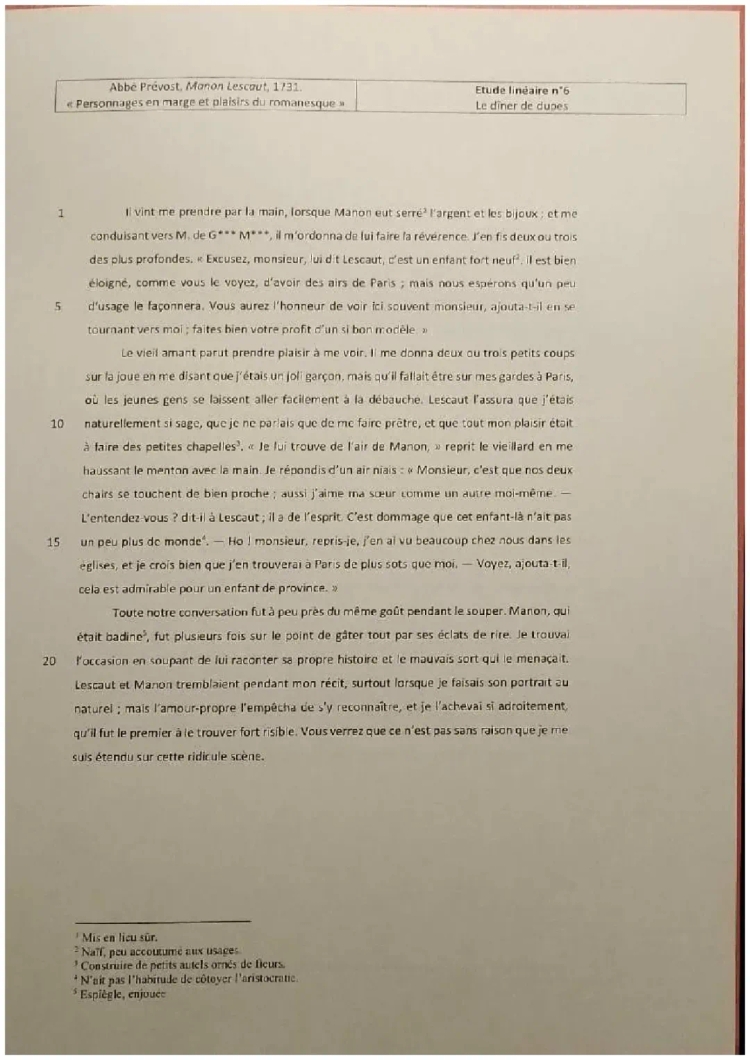 Étude linéaire sur la dîner de dupes dans Manon Lescaut