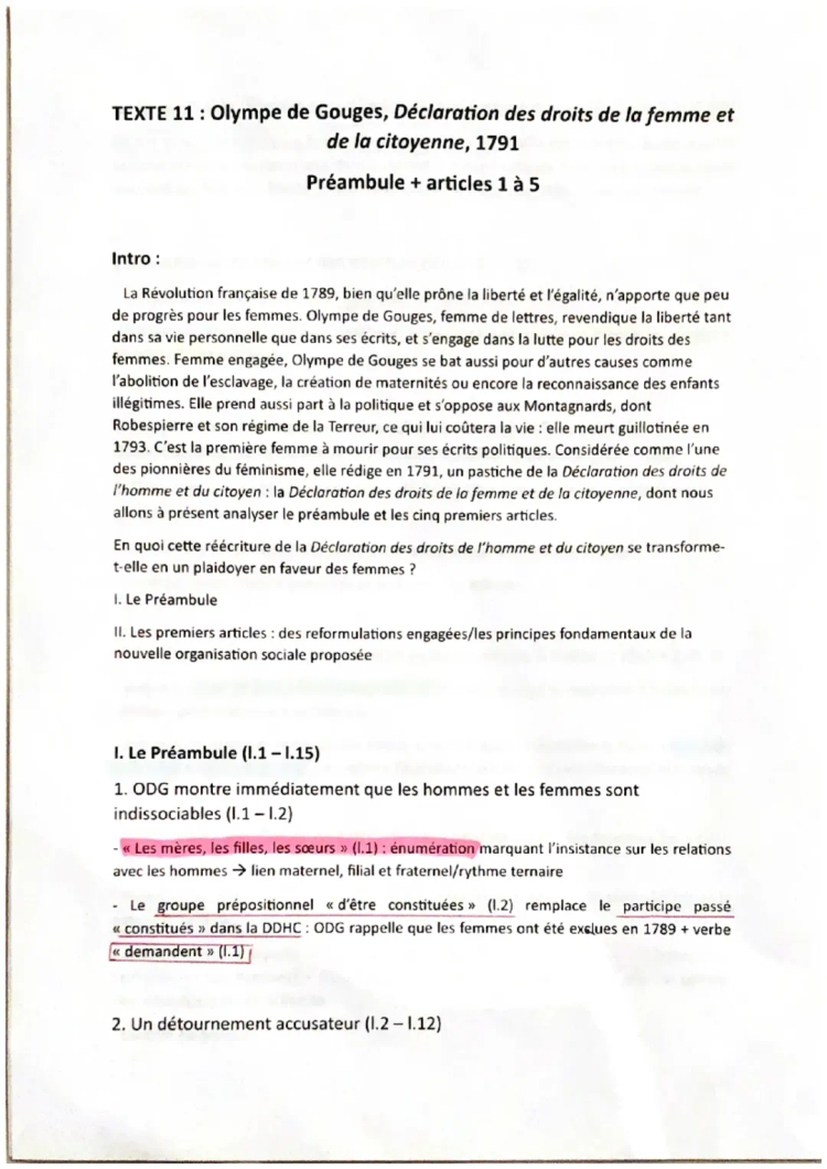 Analyse linéaire et résumé du Préambule DDFC de Olympe de Gouges - PDF articles 1 à 5