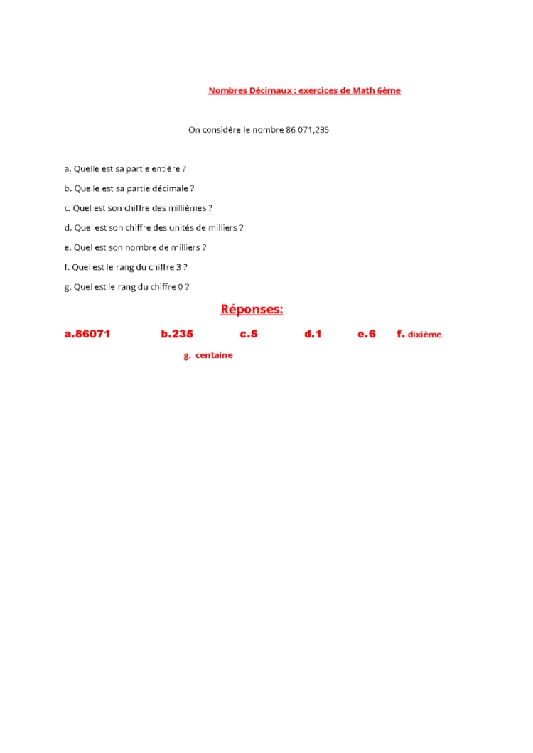 Nombres Décimaux: Exercice de Math en 6ème .