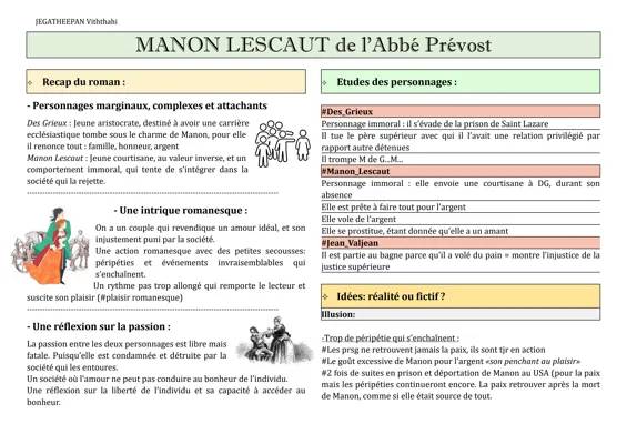 Fiche de révision : Manon Lescaut de L'Abbé Prévost