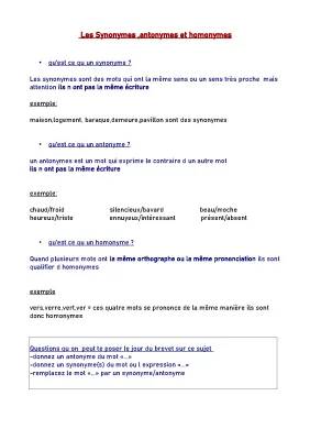 Les synonymes, antonymes, homonymes et paronymes : C'est quoi ? Exercices corrigés PDF CM2/6ème