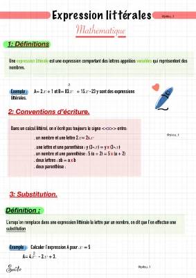 Expression Littérale 4ème, 5ème, et 3ème - Définition et Exercices Corrigés