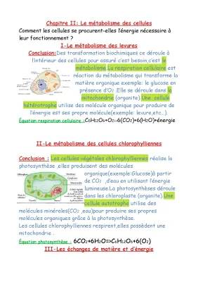 Le métabolisme cellulaire et levures - TP, cours, exercices PDF seconde