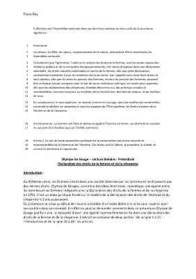 Préambule Olympe de Gouges Analyse Linéaire PDF - Déclaration des Droits de la Femme et de la Citoyenne