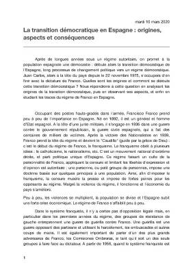 Transition démocratique Espagne : De la dictature à la démocratie - HGGSP Exposé