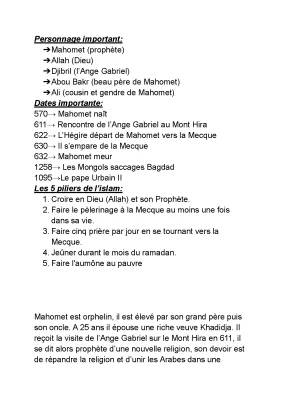 Fiche de révision sur Mahomet, l'islam et les 5 piliers