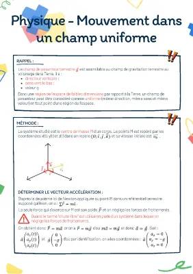 Mouvement dans un champ uniforme - Exercices corrigés et Fiches de Révision