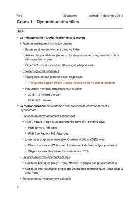 Dissertation Métropolisation 1ère : Comprends la Métropolisation et les Villes du Monde