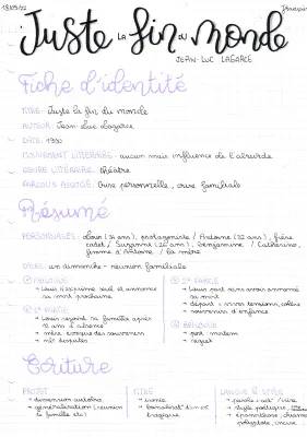 Fiche de Lecture Juste la Fin du Monde PDF - Analyse, Résumé, Personnages