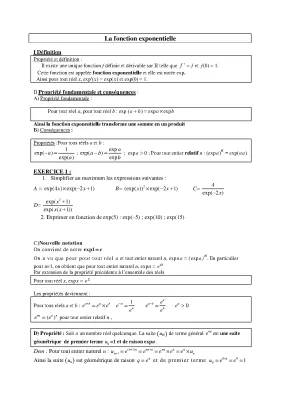 Fonction Exponentielle Cours PDF et Exercices Corrigés pour la Terminale