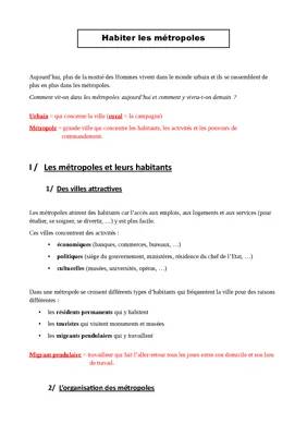 Les métropoles et leurs habitants - Évaluation 6ème et cours en PDF