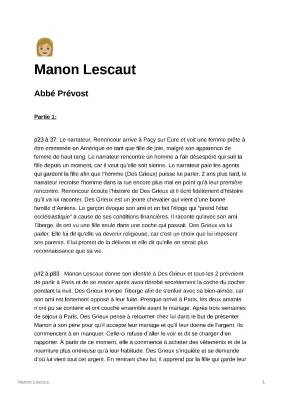 Résumé Manon Lescaut : Chapitre par Chapitre avec Personnages