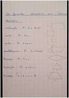 Les formules : périmètre, aire, volume. 