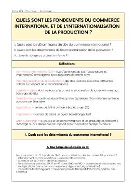 Les fondements du commerce international et de la production - Cours, PDF et Fiche SES Terminale