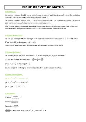 Fiche révision Maths Brevet : Livre, Formules, Exercices