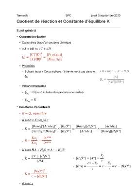 Quotient de réaction et constante d'équilibre - Exercices corrigés et formules simples