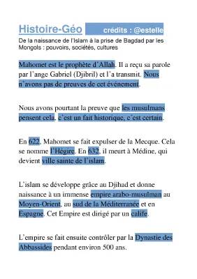 Fiche Révision Islam 5ème: L'Empire Arabe de 632 à 1258, Histoire et Cartes