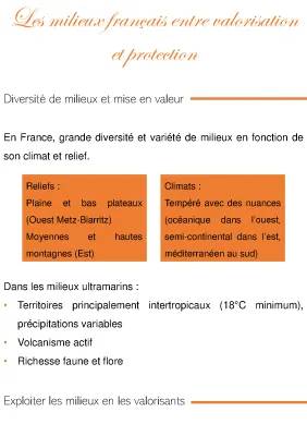 La France : Des milieux métropolitains et ultramarins entre valorisation et protection