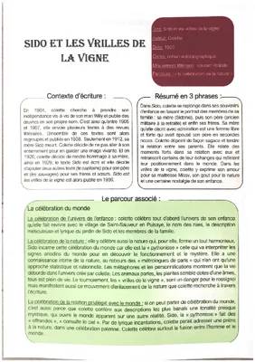 Fiche de révision bac français 2023: Sido et les vrilles de la vigne de Colette - Résumé en PDF