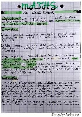 Fiche de révision et exercices corrigés calcul littéral 3ème, 4ème, 5ème PDF