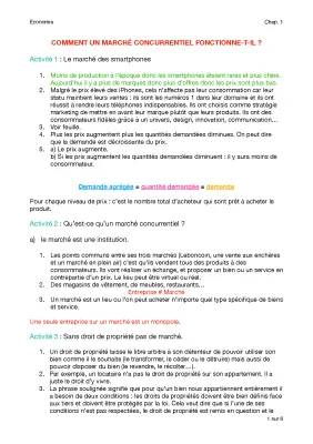 Devoir Corrigé SES 1ère : Comment un Marché Concurrentiel Fonctionne-t-il ? Exemples et Exercices