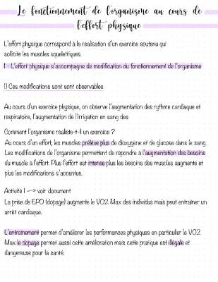 Fonctionnement de l'organisme et effort physique 5ème - Évaluation SVT PDF avec correction