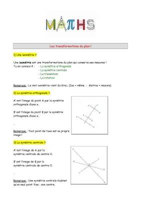 Transformations du plan et Symétrie - Cours et Exercices 3e, 4e, 1ère S (PDF)