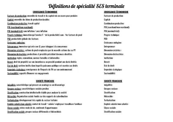 Vocabulaire et Définitions SES Terminale - Fiches de Révision PDF 2024