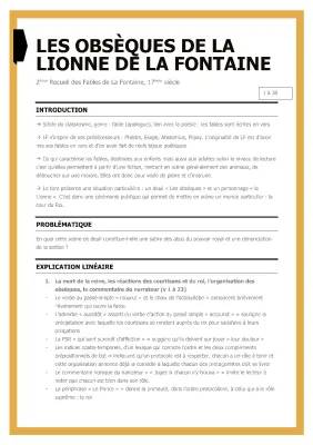 Analyse linéaire des fables de La Fontaine : Les obsèques de la Lionne - Morale, résumé et texte PDF