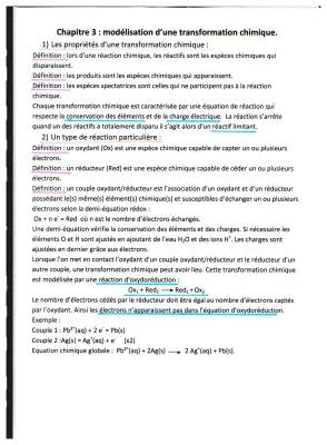 Modélisation des Transformations Chimiques 1ère Spé - Exercices et Cours