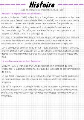 Vivre en France en démocratie depuis 1945 - Fiche de révision et quiz