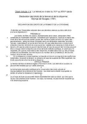 Analyse Linéaire DDFC : Préambule et Articles 1, 2, 3 d’Olympe de Gouges