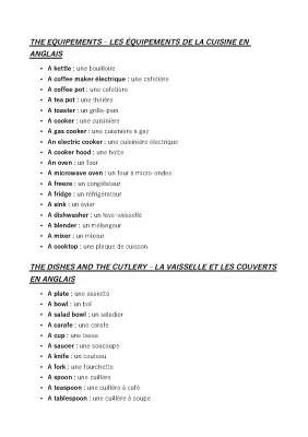 Ustensiles de Cuisine en Anglais PDF et Vocabulaire Facile