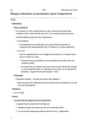 Le système immunitaire - Cours résumé 3ème PDF + Exercice corrigé et évaluation SVT