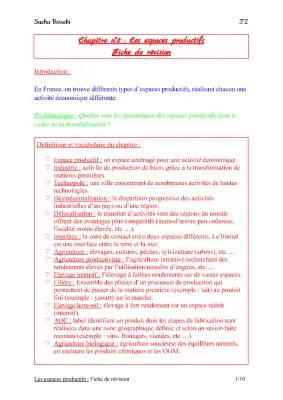 Fiche de révision Les Espaces Productifs 3ème PDF - Cours et Evaluation Corrigés