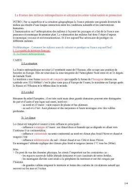 La France : des milieux métropolitains et ultramarins entre valorisation et protection - Fiche de révision PDF