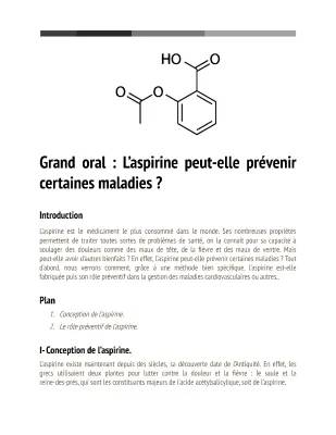 Sujet grand oral: Les bienfaits de l'aspirine et la synthèse d'un médicament