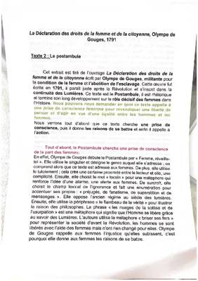 Analyse linéaire du Postambule d'Olympe de Gouges - PDF et Mouvement Littéraire