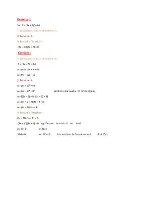 Exercices de Développement et Factorisation avec Corrigés PDF pour la 3ème et 4ème