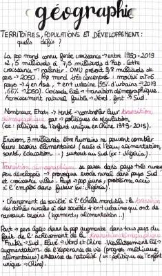 Cours Seconde Géographie : Territoires, Populations et Développement - PDF et Fiche de Révision