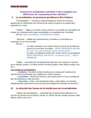 Fiche de révision SES: Socialisation - Étapes et Rôle de la Famille